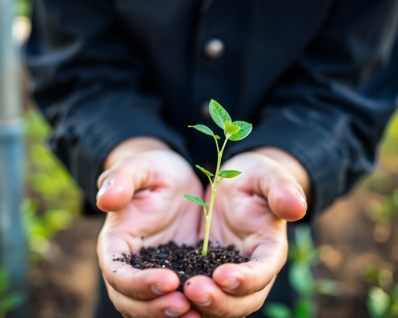 Young plant held in cupped hands over fertile soil